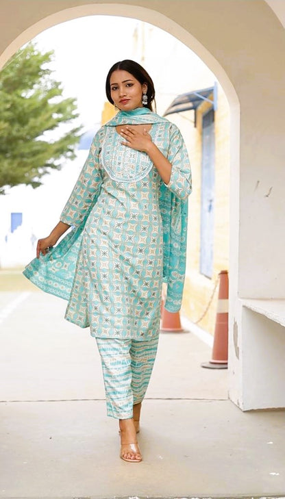 Rayon 3-Piece Kurti Set with Trouser & Dupatta