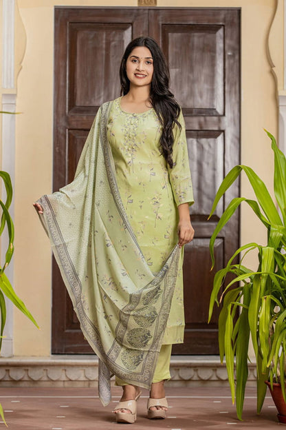 Green Printed Modal Silk Kurta Pant Set with Dupatta (Set of 3)