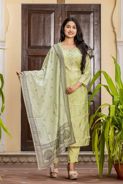 Green Printed Modal Silk Kurta Pant Set with Dupatta (Set of 3)