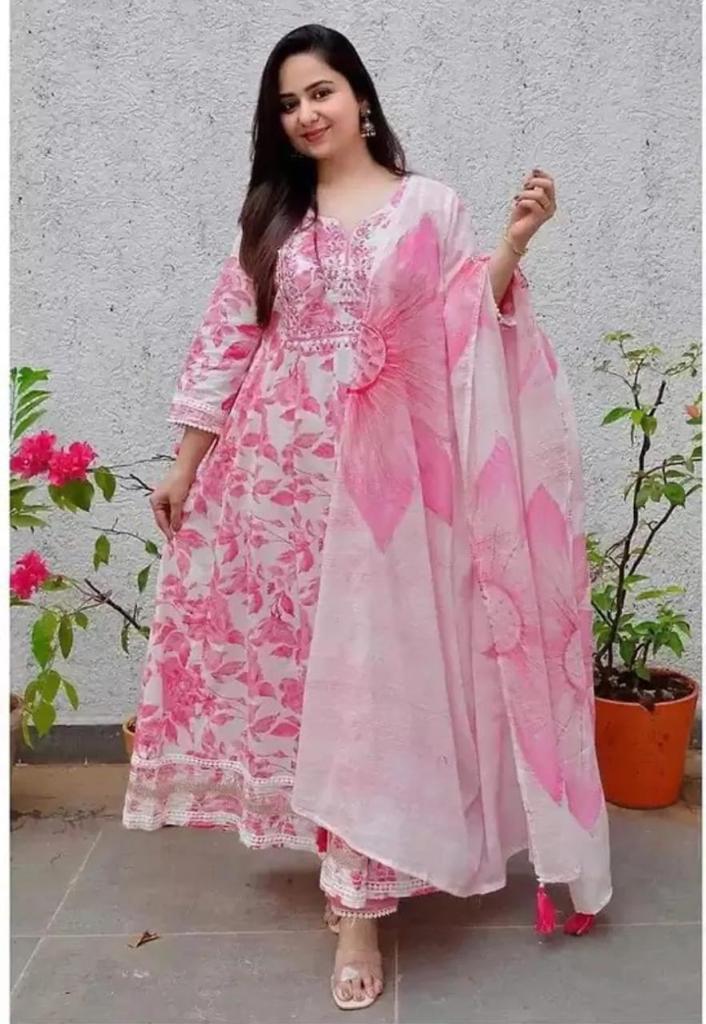 Premium Heavy Rayon Full Printed Pink Anarkali Kurta Pant with Dupatta Set Featuring Elegant Embroidery Work for Girls & Women