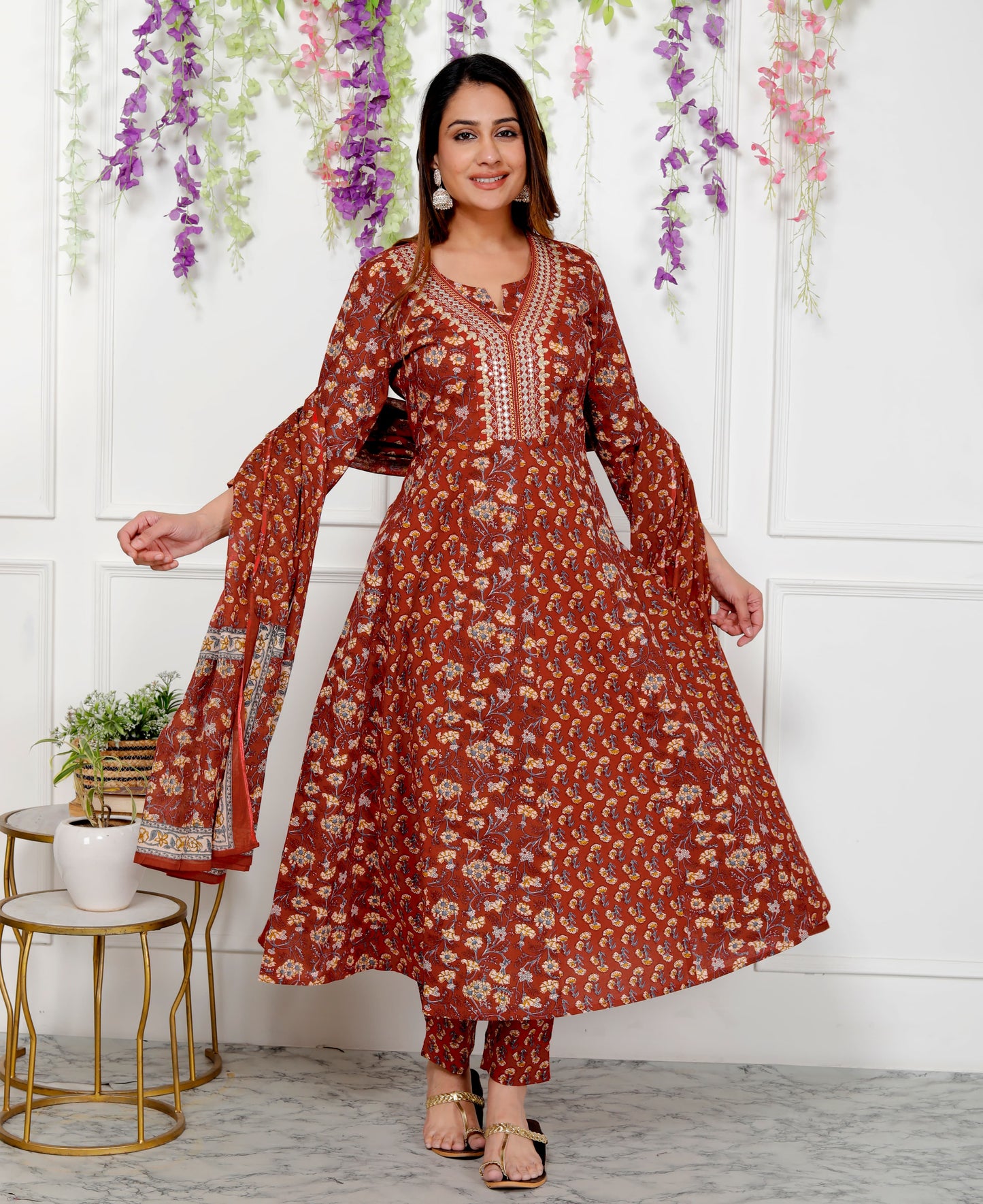 Cotton Anarkali 3-Piece Set(gown, pants, and dupatta)