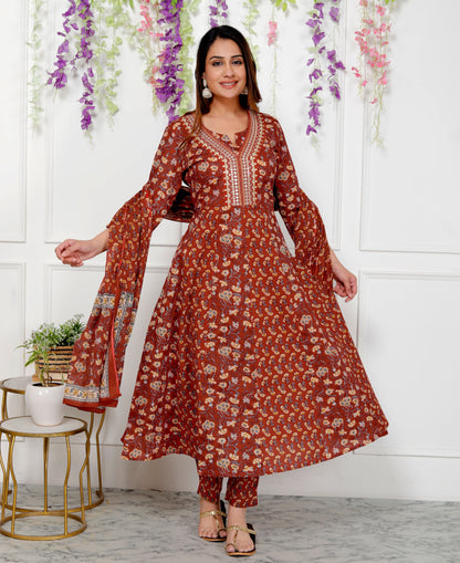 Cotton Anarkali 3-Piece Set(gown, pants, and dupatta)