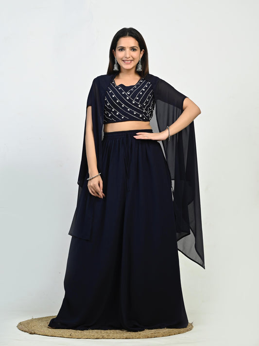 Stylish Georgette Skirt and Crop Top with Shrug