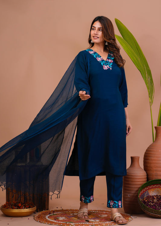 Exclusive Hand-Painted Kurta, Pants, and Dupatta set (shiny super slub fabric)