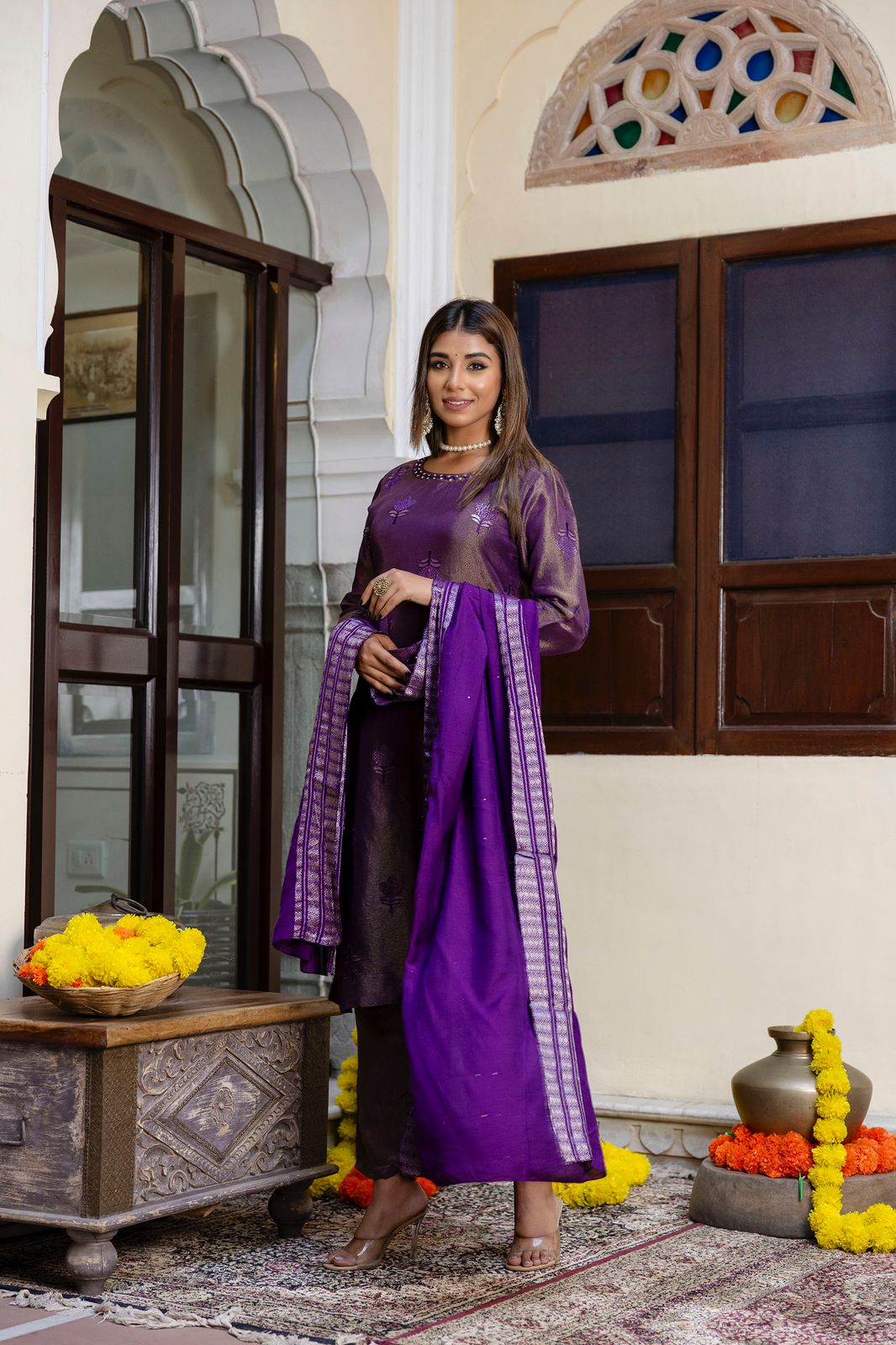 shimmer sequin kurta set with muslin Chanderi dupatta