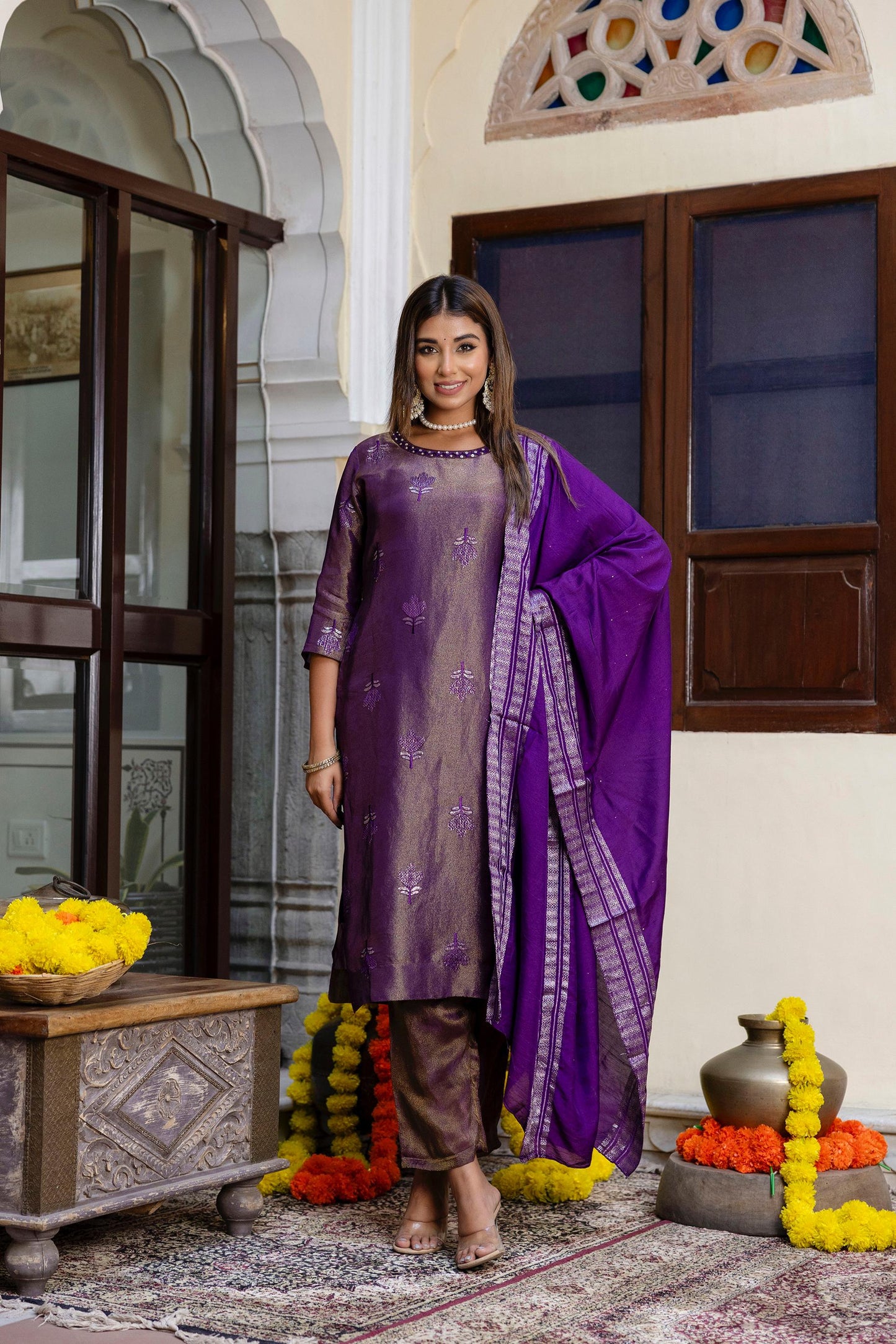 shimmer sequin kurta set with muslin Chanderi dupatta