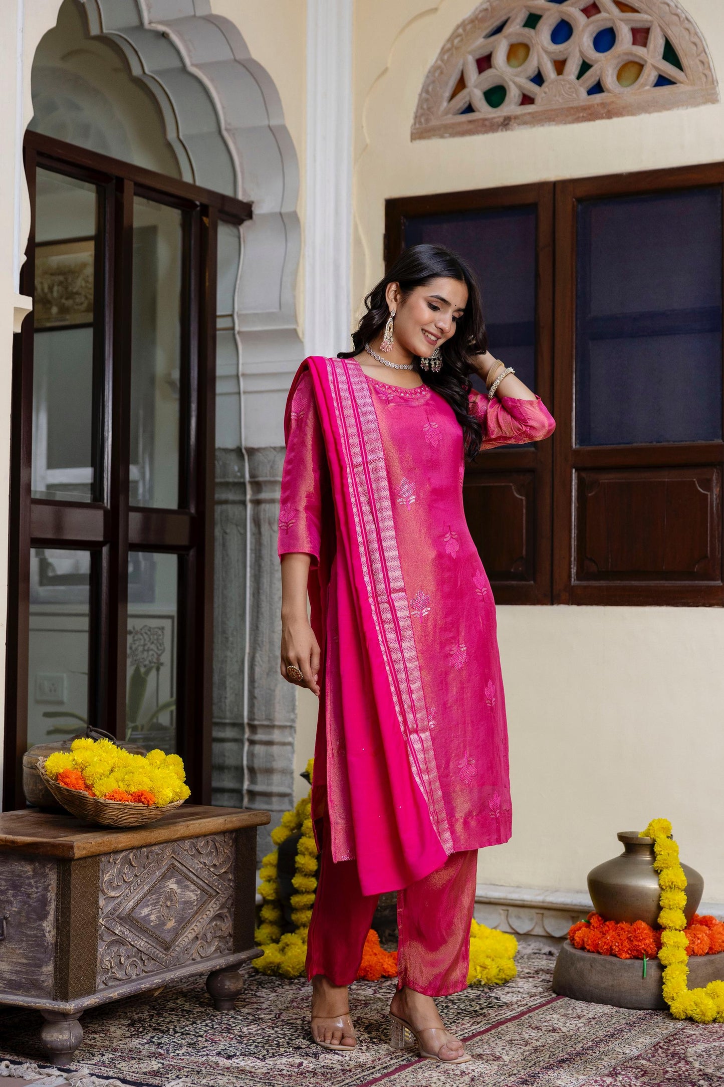 shimmer sequin kurta set with muslin Chanderi dupatta