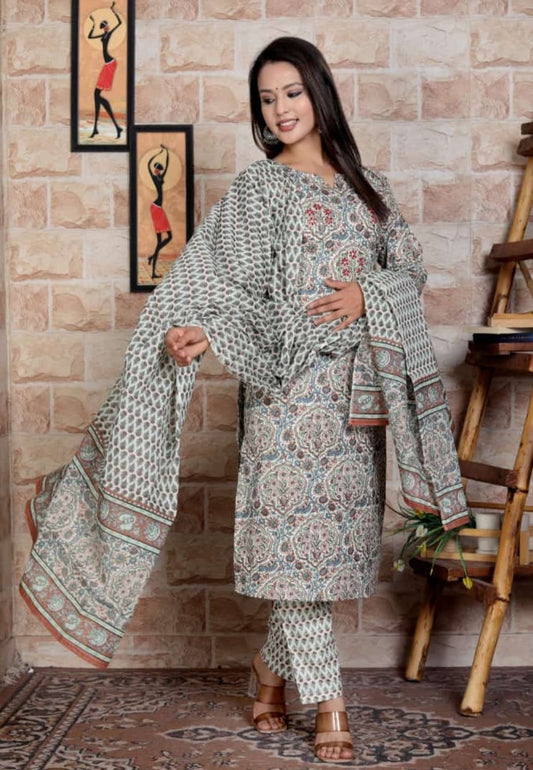 Cotton 3-Piece Set (stylish kurti, matching pants, and a dupatta)