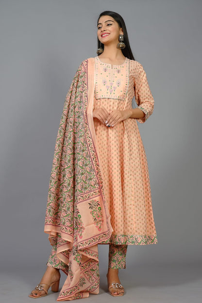 Cotton 3-Piece Anarkali gown Set(with Handwork detail)