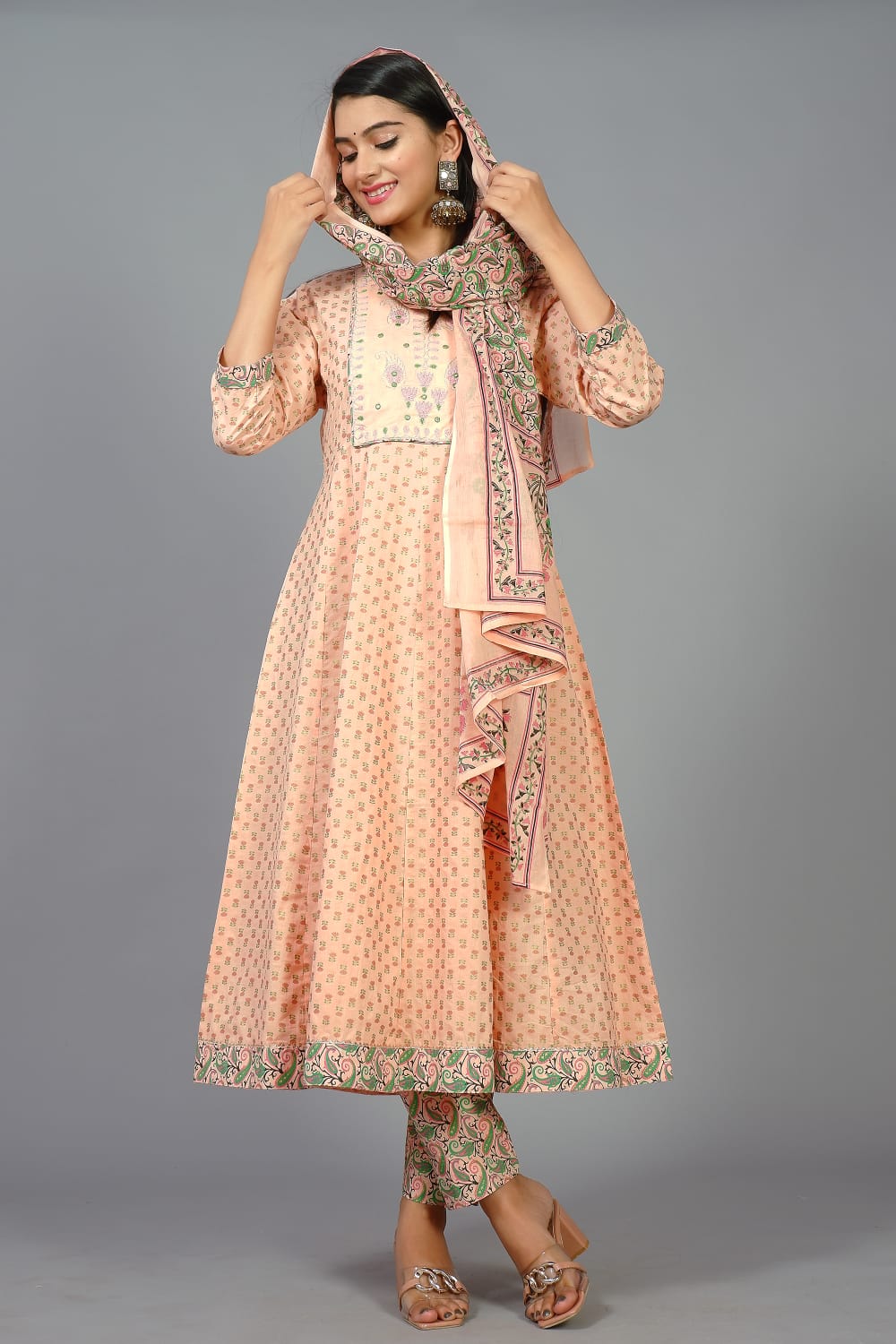 Cotton 3-Piece Anarkali gown Set(with Handwork detail)