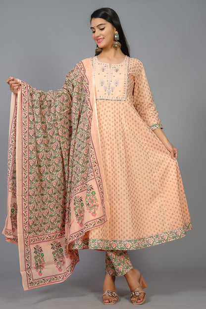 Cotton 3-Piece Anarkali gown Set(with Handwork detail)