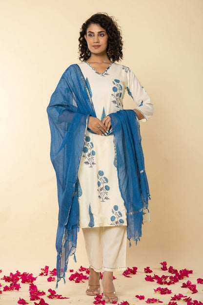 Cotton Printed A-Line Suit Set with dyed Kota Doriya dupatta