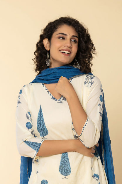 Cotton Printed A-Line Suit Set with dyed Kota Doriya dupatta