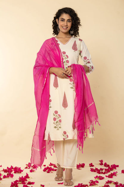 Cotton Printed A-Line Suit Set with dyed Kota Doriya dupatta