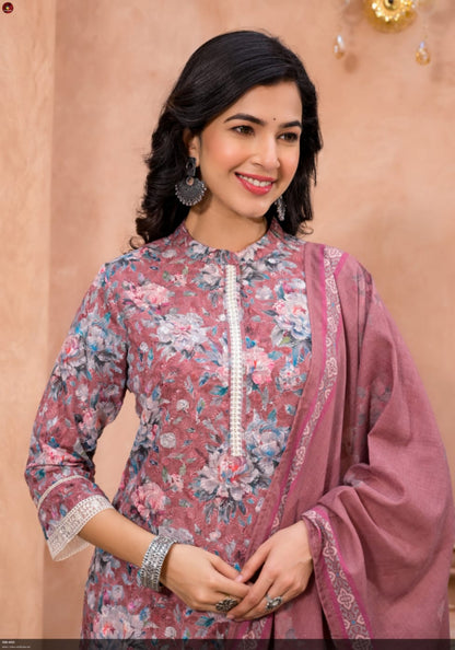 Graceful Cotton Schiffli Floral Suit Set with Collar