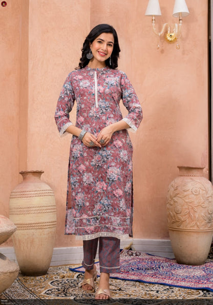 Graceful Cotton Schiffli Floral Suit Set with Collar