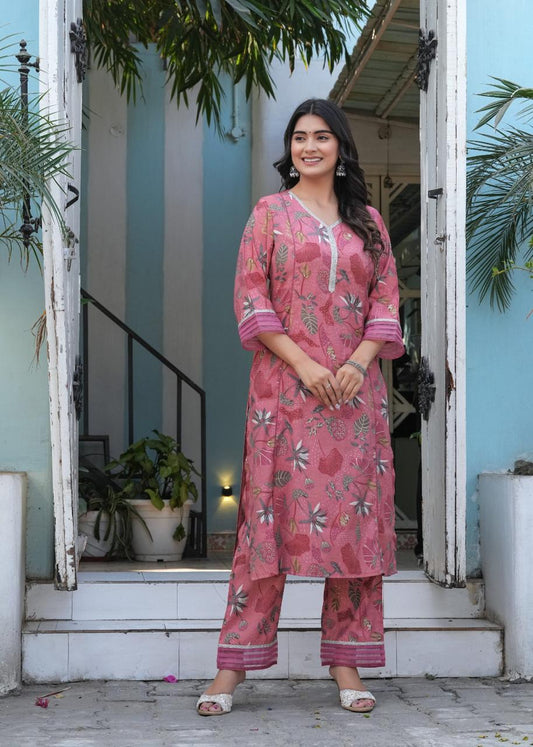 Muslin Floral Print Suit Set with V-Neck