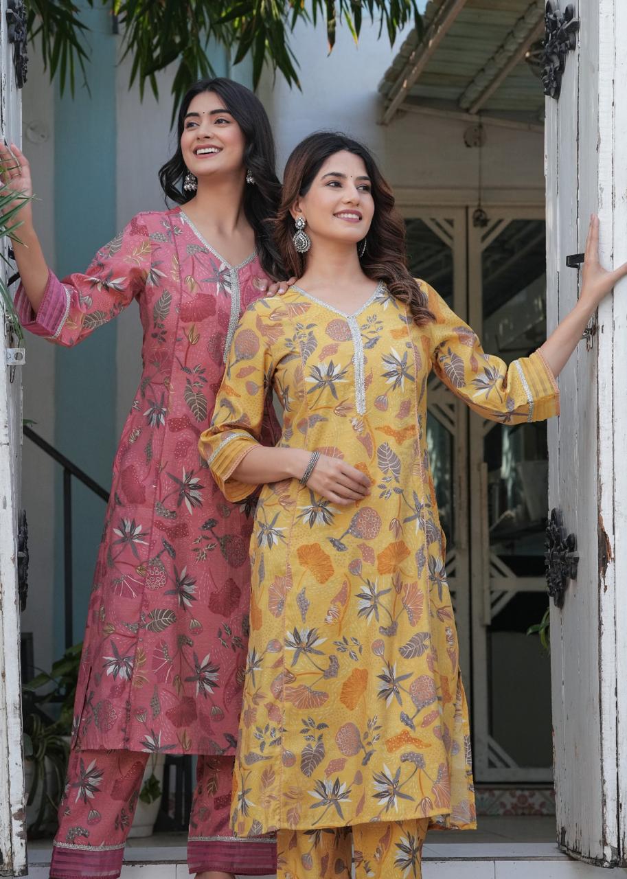 Muslin Floral Print Suit Set with V-Neck