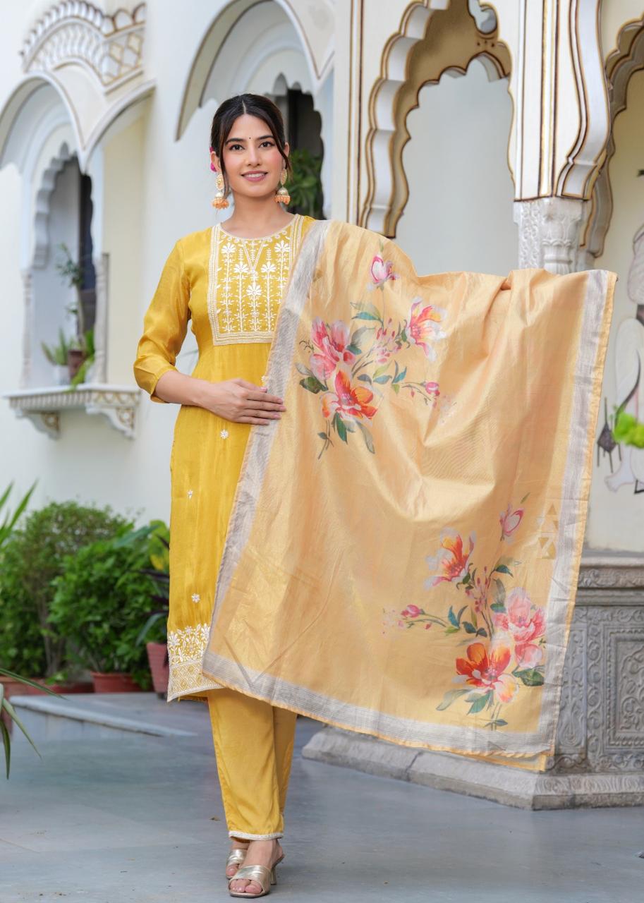 Yellow Tissue Crepe Embroidered Suit Set