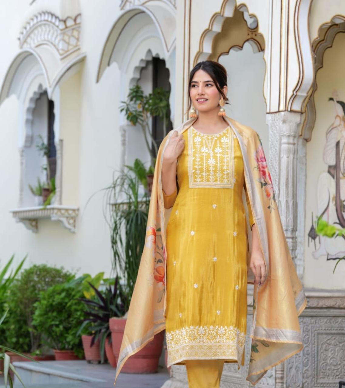 Yellow Tissue Crepe Embroidered Suit Set