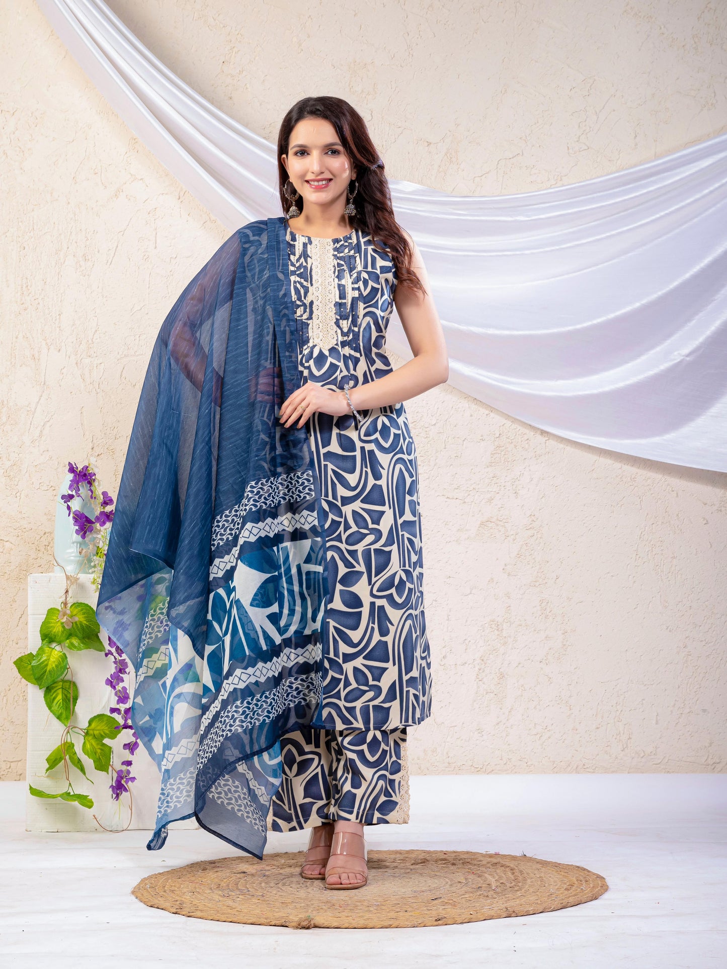 Printed Sleeveless Kurta Set with Pants and Dupatta