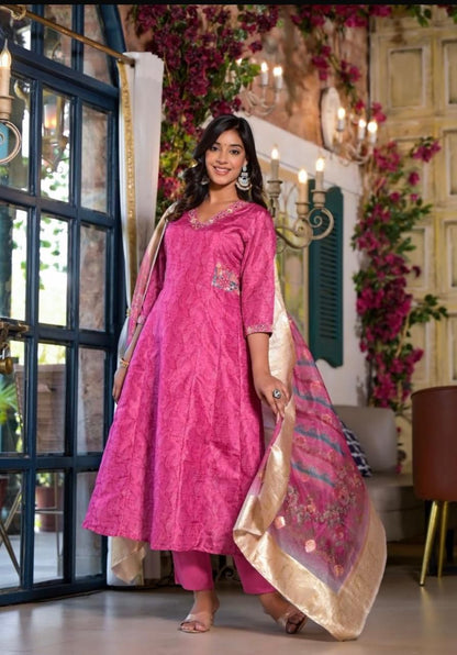 Tusser Silk Kurta with Banarasi Tissue Dupatta Set