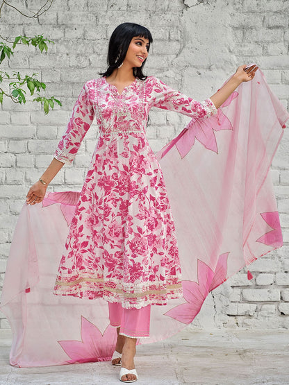 Premium Heavy Rayon Full Printed Pink Anarkali Kurta Pant with Dupatta Set Featuring Elegant Embroidery Work for Girls & Women