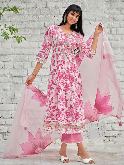 Premium Heavy Rayon Full Printed Pink Anarkali Kurta Pant with Dupatta Set Featuring Elegant Embroidery Work for Girls & Women