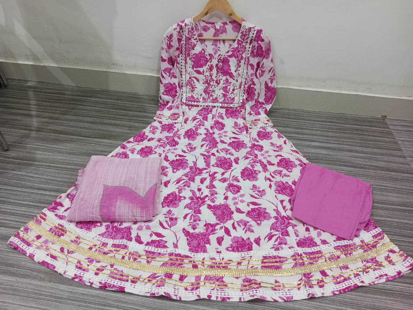 Premium Heavy Rayon Full Printed Pink Anarkali Kurta Pant with Dupatta Set Featuring Elegant Embroidery Work for Girls & Women