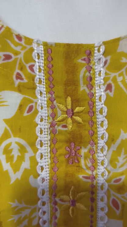 Flower print yellow Kurti pair with trouser and Dupatta