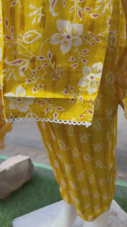 Flower print yellow Kurti pair with trouser and Dupatta