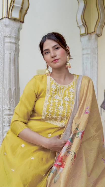 Yellow Tissue Crepe Embroidered Suit Set